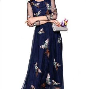 Navy embroidered birds maxi dress